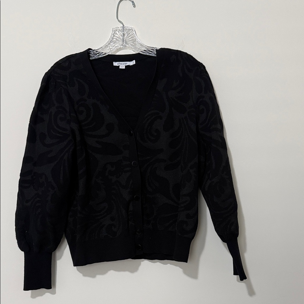 Chicos Black Textured V neck Cardigan, size 2 (12)